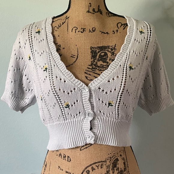 Light Blue Cropped Cardigan With Floral Embroidery Size Medium - Picture 3 of 7